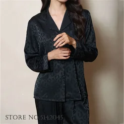 Sexy Black Leopard Pajamas Ice Silk Sleepwear Loungewear Female Long Sleeve Trouser Set Spring Autumn Casual Ice Silk Homewear