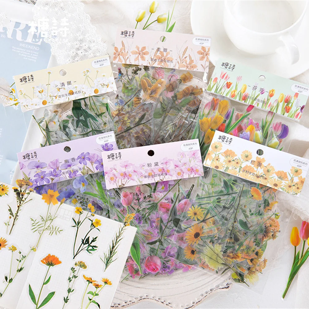 40Pcs/Lot Elegant Flower Series Stickers PET Transparent Scrapbook Phone Decoration Decals DIY Material Waterproof Sticker Gifts