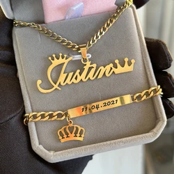 Custom Children's Name Set Stainless Steel Initial Crown Name Necklace Carved Date Children's Bracelet with Crown Kids Set Gift