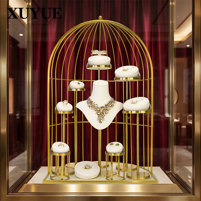Jewelry display rack, high-end gold metal window display rack, necklace, ring and earrings, high-end display props