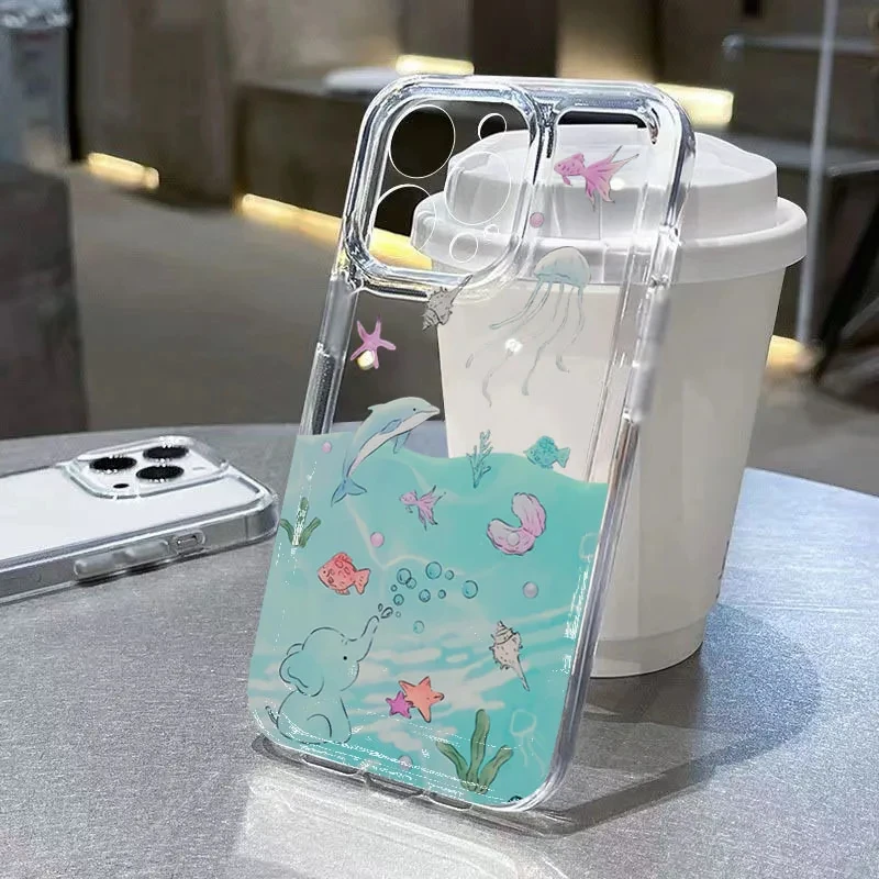 เคสโทรศัพท์มือถือแบบใสลายสัตว์ทะเล สำหรับ iPhone 16E 15 Pro 14 Pro Max 12 11 13 Mini XS XR XS Max 8Plus แบบนิ่ม