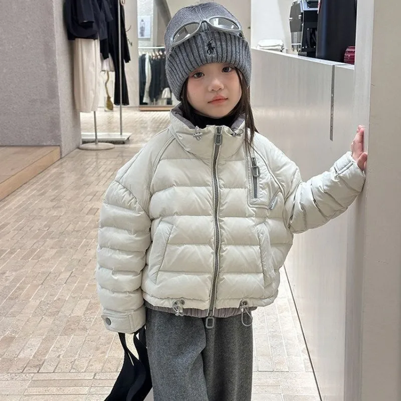 Girls Cotton Padded Jacket Winter 2026 New Stand Collar Cropped Fake Two Piece Thick Coat Kids Warm Outerwear