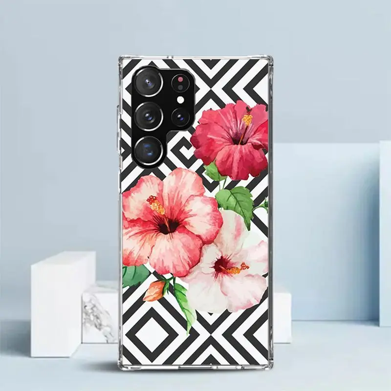 Black White Stripes Flower Phone Case For Samsung Galaxy S22 S23 S24 Ultra S21 S20 FE S10 Plus S10E S9 S8 + S7 Edge Soft TPU Bac