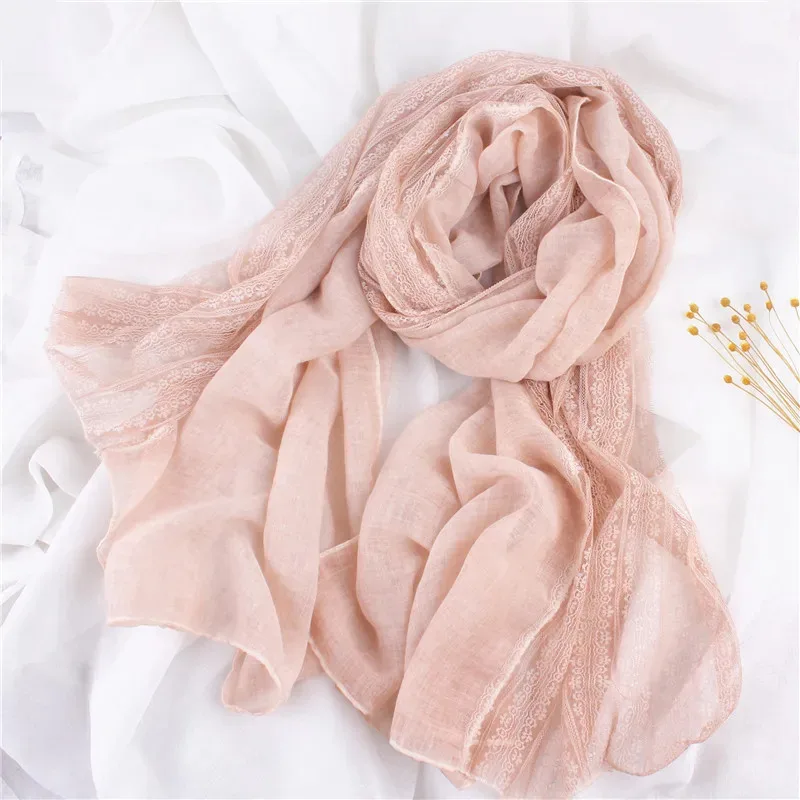 

Korean Version Scarf Lace Splicing Women's Linen Versatile Autumn Winter Thin Long Solid Color Silk Shawl