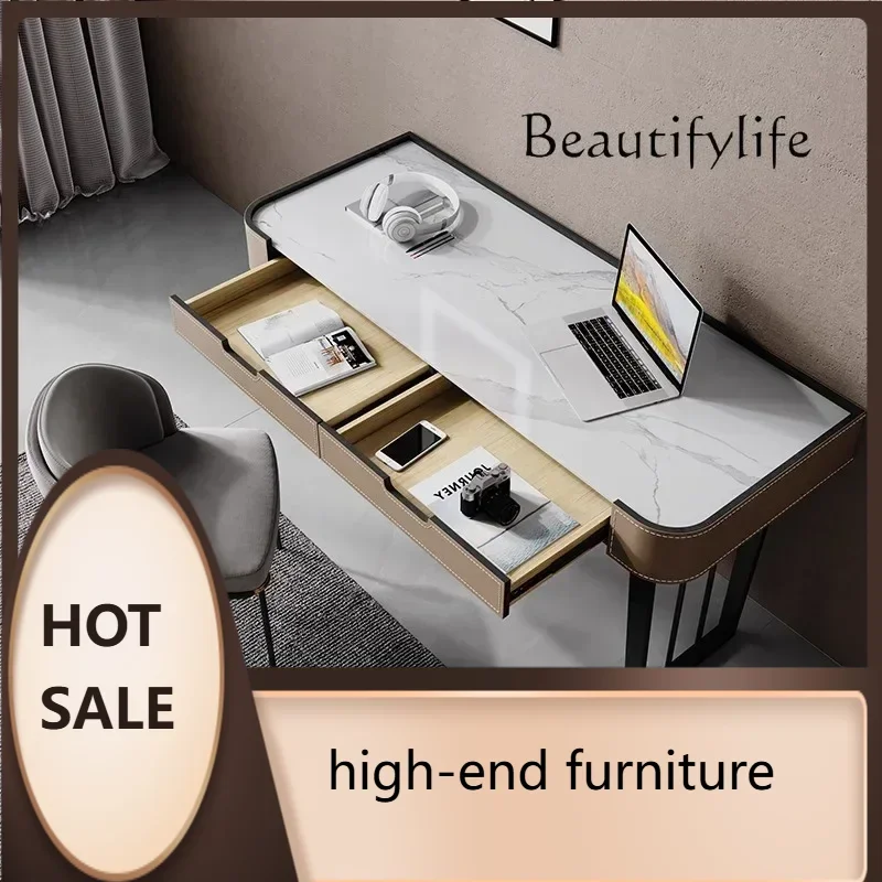 

PW 55 Slate light luxury desk saddle leather writing Italian minimalist modern home office computer desk modern