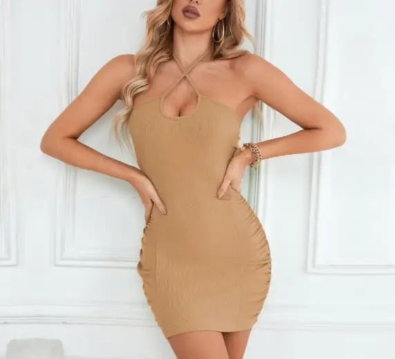 

Tight Fitting Women's Dress Summer Sexy Simple Hollow Out Cross Neckline Backless Solid Color Bag Hip Knit Hanging Neck Dress
