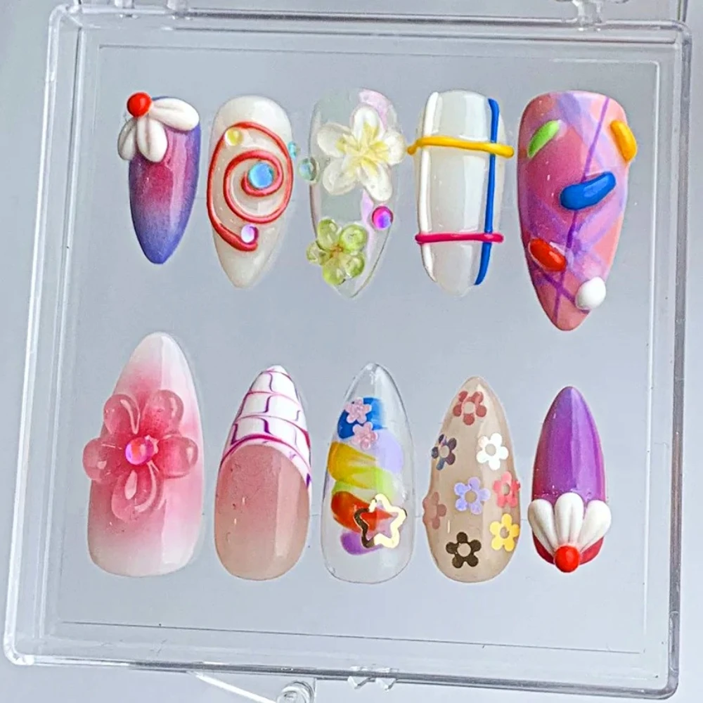 10Pcs Manicure Handmade Art Press on Nails Medium Almond Pattern ABS Nails Cute 3D Flowers Style Design Nail with Set