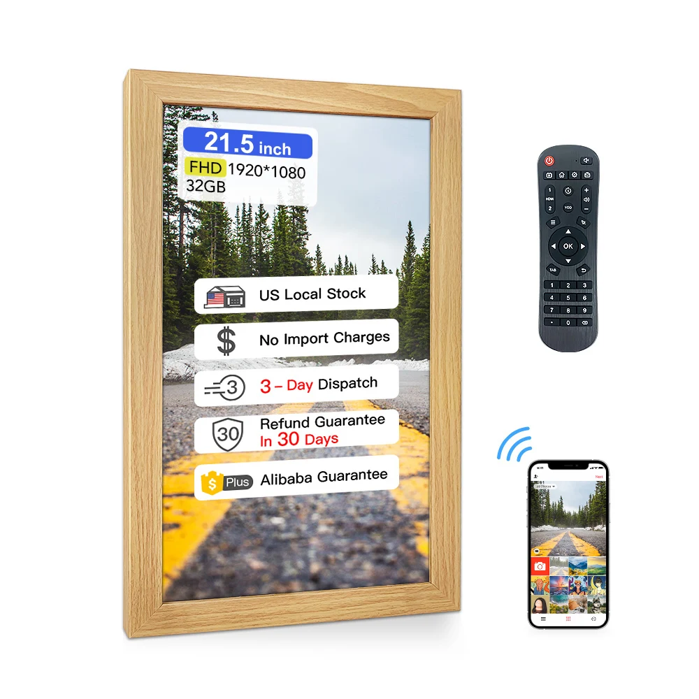 

Цифровая фоторамка 21,5 дюйма с дисплеем 32 ГБ, пультом ДУ, настенным креплением, возможностью обмена фото и видео через приложение, USB и Wi-Fi