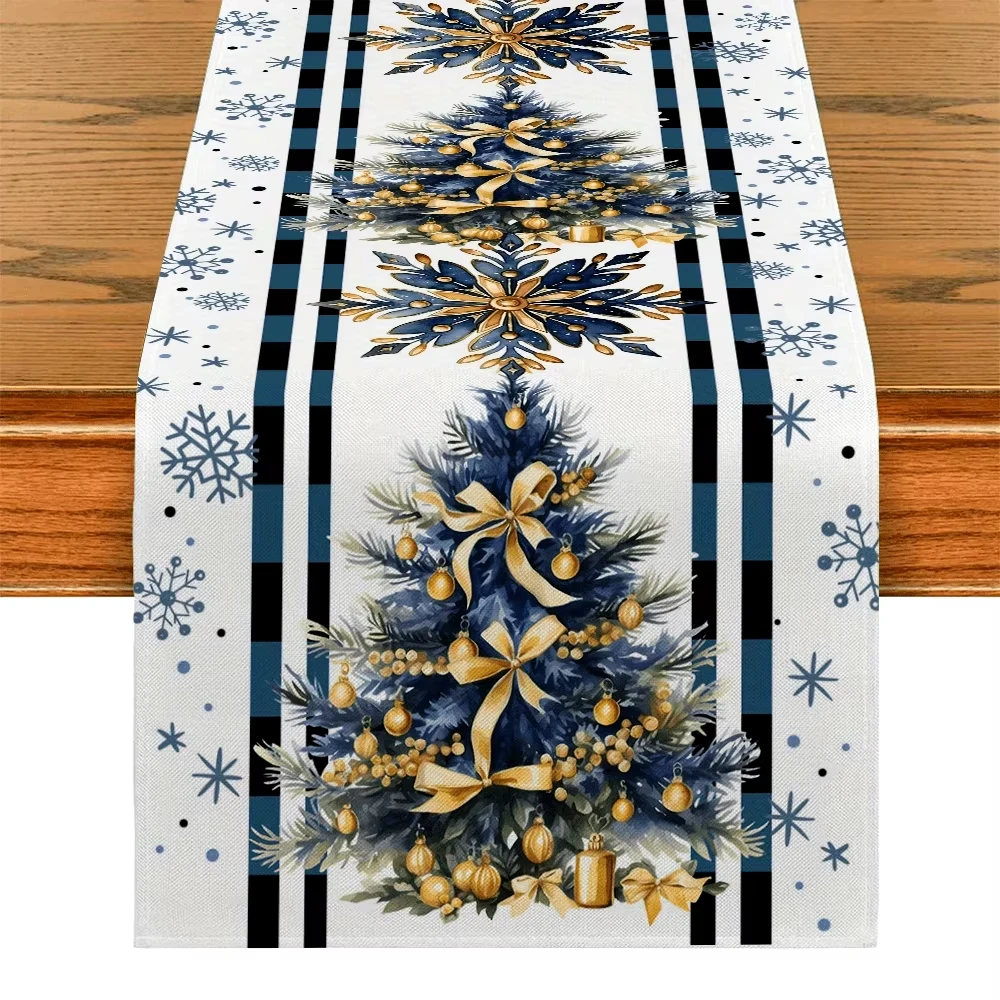 Weihnachtsblauer Tischläufer mit Schneeflocke und Baum |   Winterurlaub Küche Esszimmer Dekor |   Akzent für die Party zu Hause