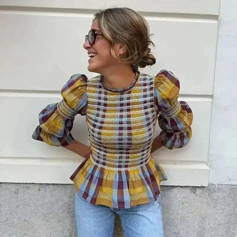 Elegant Plaid Pleated Shirt Women Retro Slim O-neck flare Sleeve Blouses 2024 Spring Summer Fashion Chic Lady Stripe Shirts