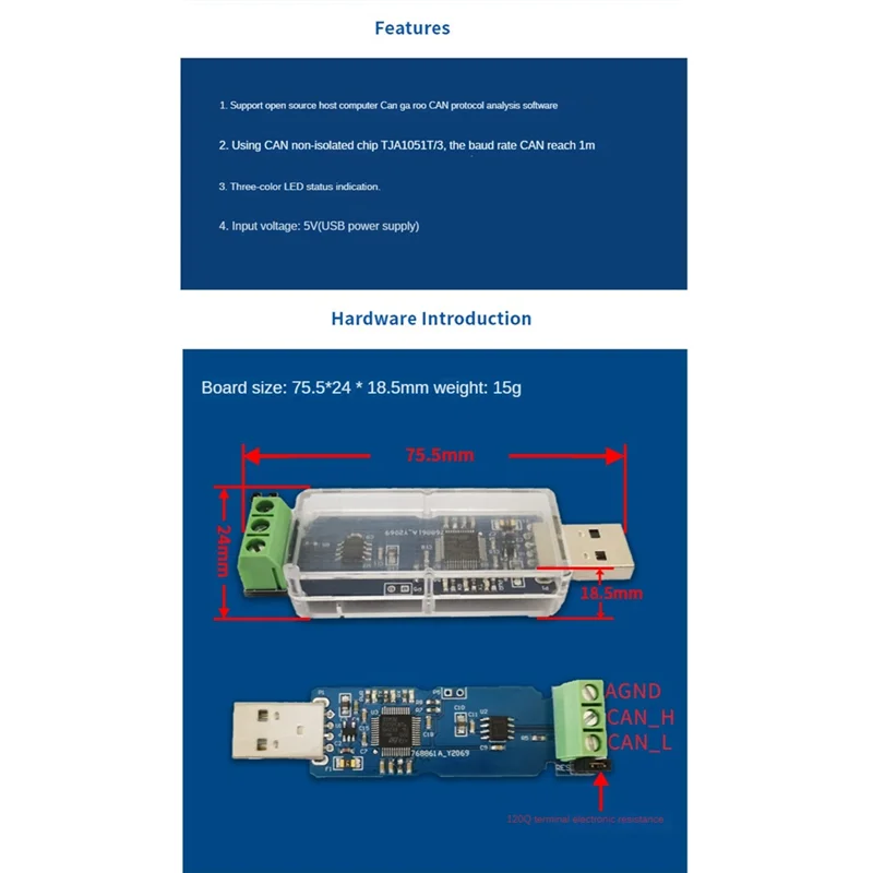 CANable USB to Converter Module CAN Canbus Debugger Analyzer Adapter CANdleLight TJA1051T/3 NonIsolated Version CANABLE Rare