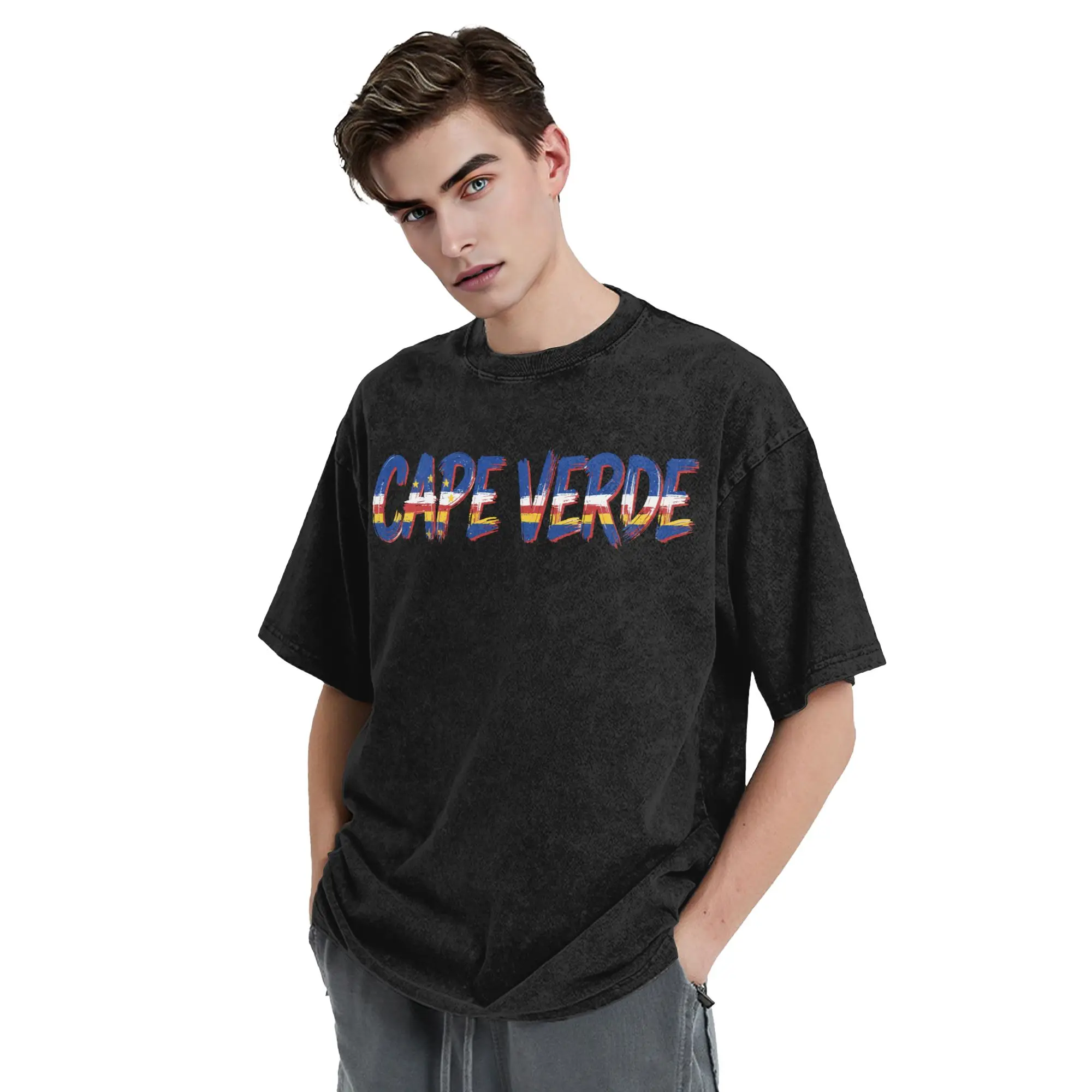 Cape Verde Flag Cabo Verde Washed T Shirt Streetwear  Fashion T-Shirts  Tees Tops for Men Women Short Sleeve Harajuku Summer