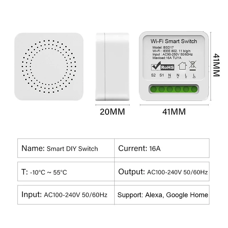 16A Wifi Smart Switch 2 Way Wireless Control DIY Light Switches Mini Smart Breaker Smart Life Control Support Alexa Google Home