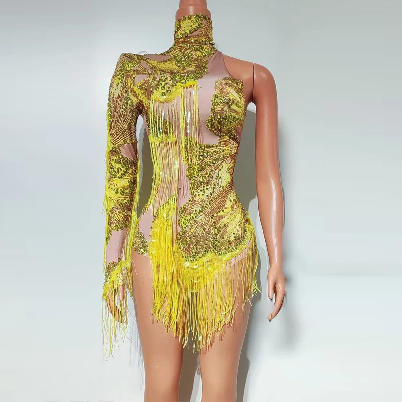 セクシーなポールダンス衣装女性ゴーゴーダンサー衣装片袖ラインストーンフリンジボディスーツハロウィンステージパーティードレス XS9994