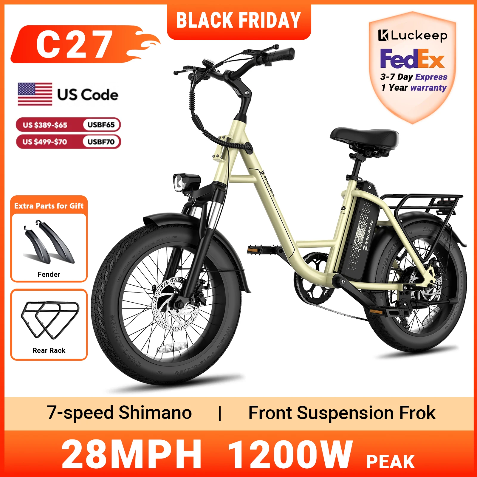 

Luckeep C27 Electric Bike for Adults 750W Peak, 28MPH Removable 624WH Battery Ebikes, 20" Fat Tire E-Bikes for Adults