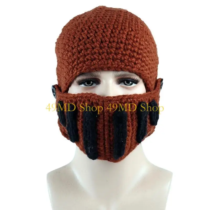 49MD Unisex Crochet Knit Roman Knight Helmet Beanie Hat Color Barbarian Earflap Skull Cap with Removable Face Mask