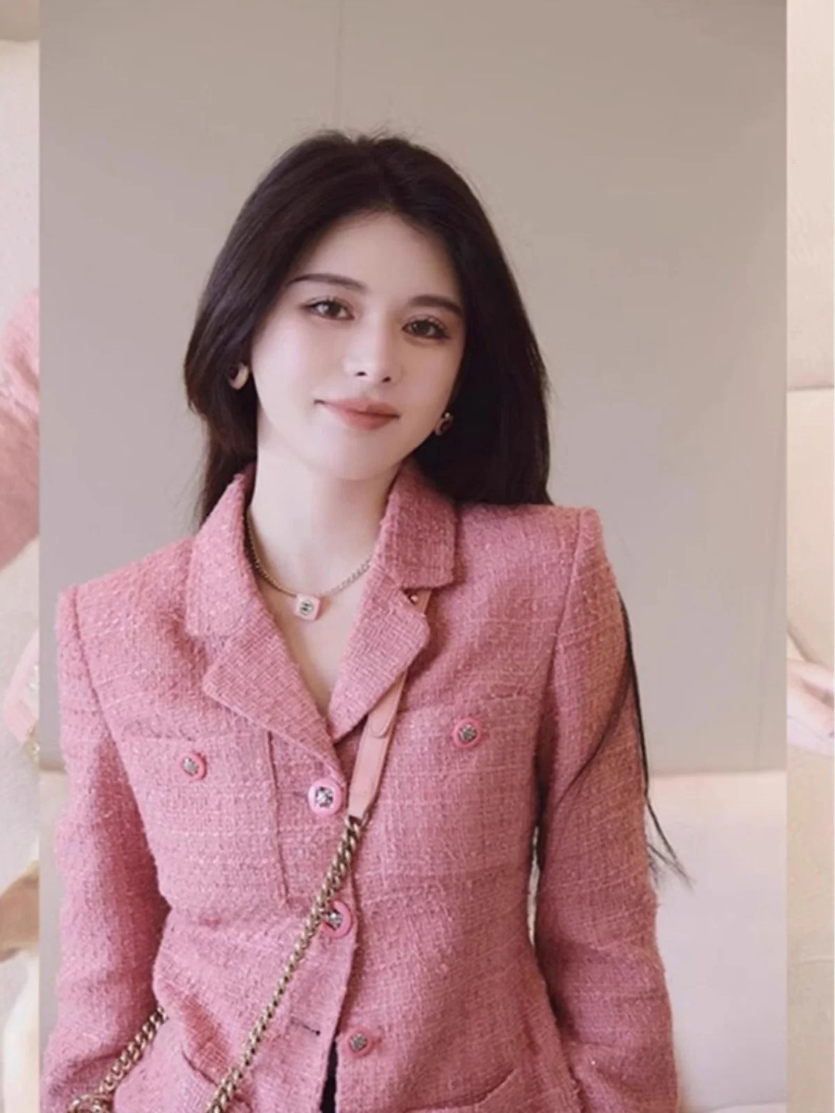 

Pink Woolen Jaet Women's Slim Fit ort Sle Autumn Winter New Design Commute Sle Faionable Youthful Pure Color Button