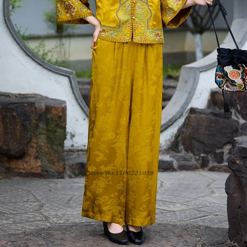 

2025 chinese vintage folk pants retro satin jacquard trousers traditional ethnic loose pants elastic waist wide leg trousers