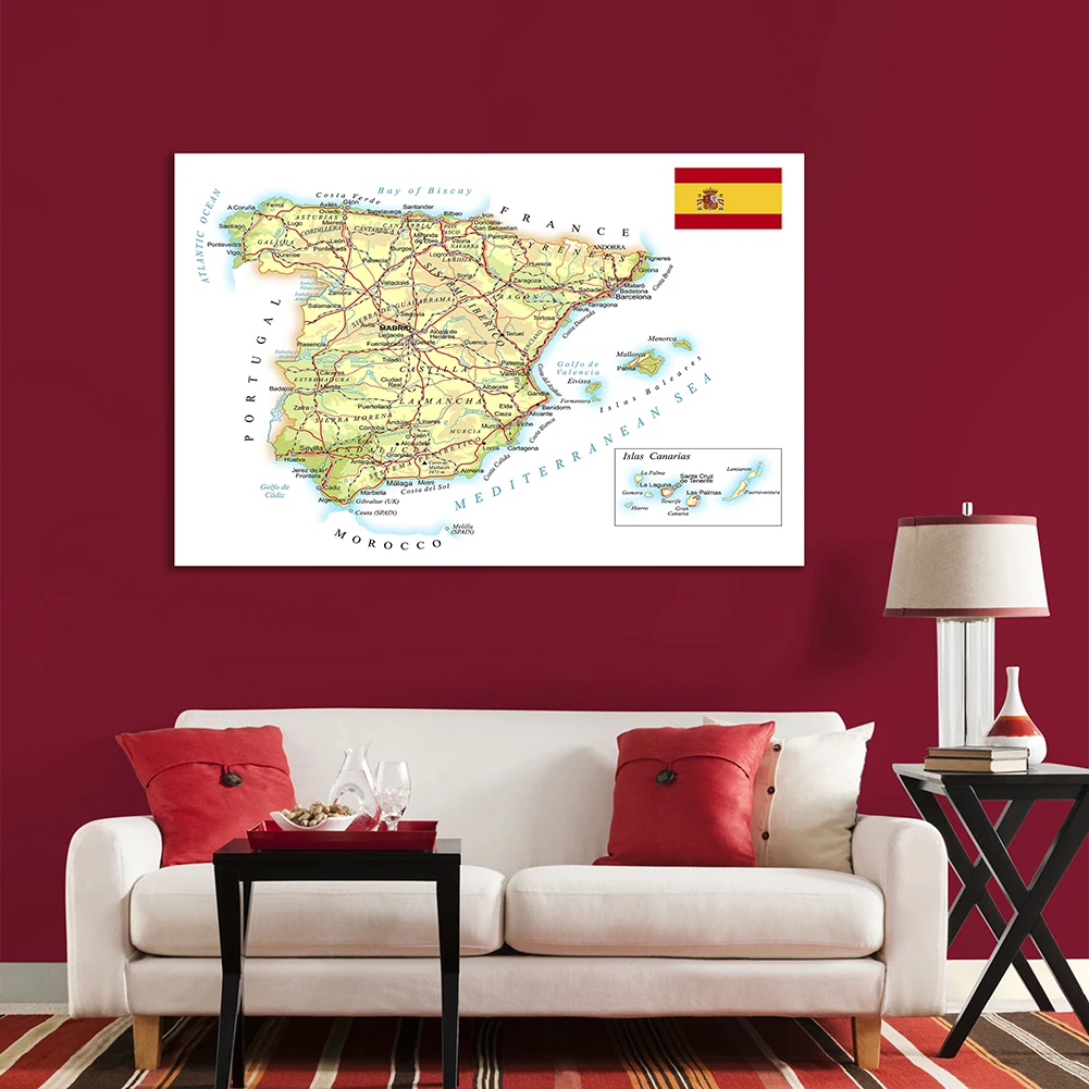 Imagem -04 - Rede Rodoviária e Ferroviária do Mapa Espanha Pintura Non-woven Canvas Cartaz de Parede Escritório e Material Escolar Decoração para Casa 150*100cm