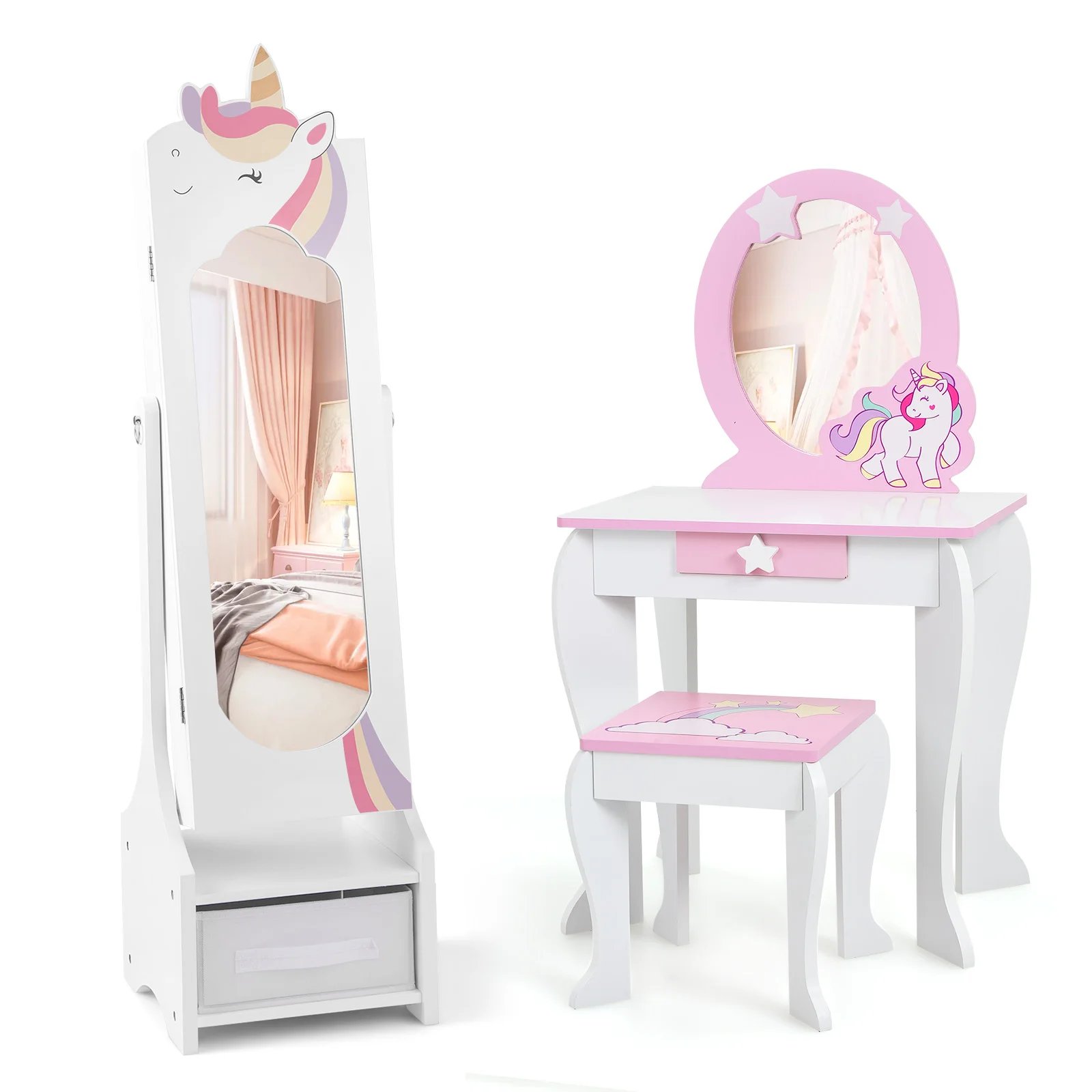 Kids Vanity Set Princess Makeup Dressing Table & Chair Set w/Kids Jewelry Armoire