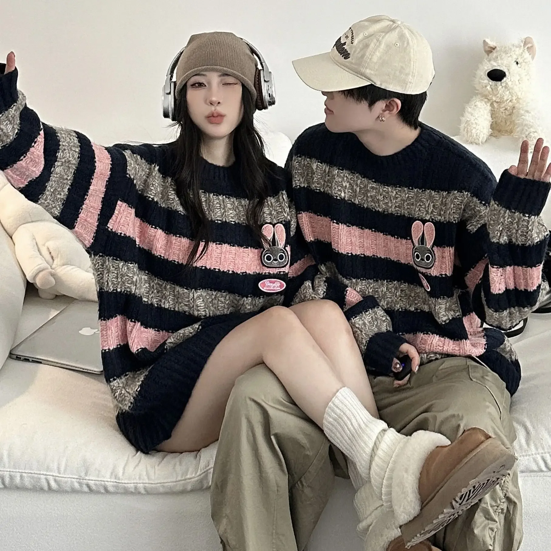 College Cartoon Pullover Sweater Autumn Winter Couple Casual Knitted Sweater High-end Y2k Gothic Harajuku Stripped Tops