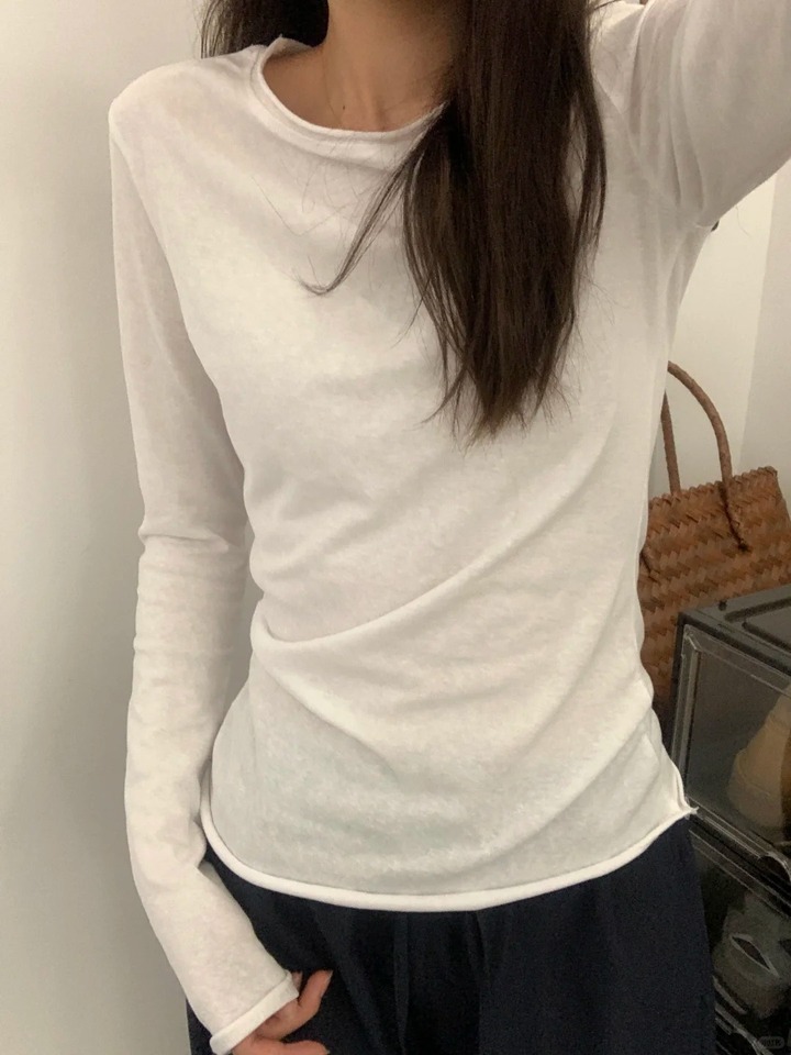  White Basic Long Sleeve T-Shirt Women's Thin Style Autumn Cuffed Loose Feeling Base Layer Shirt Simple Top for Teen Girls 