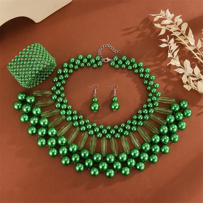 3pcs/set Multi Layer Imitation Pearl Jewelry Set Party Colorful Necklace Earrings Bracelet Set For Women African Jewelry Gifts