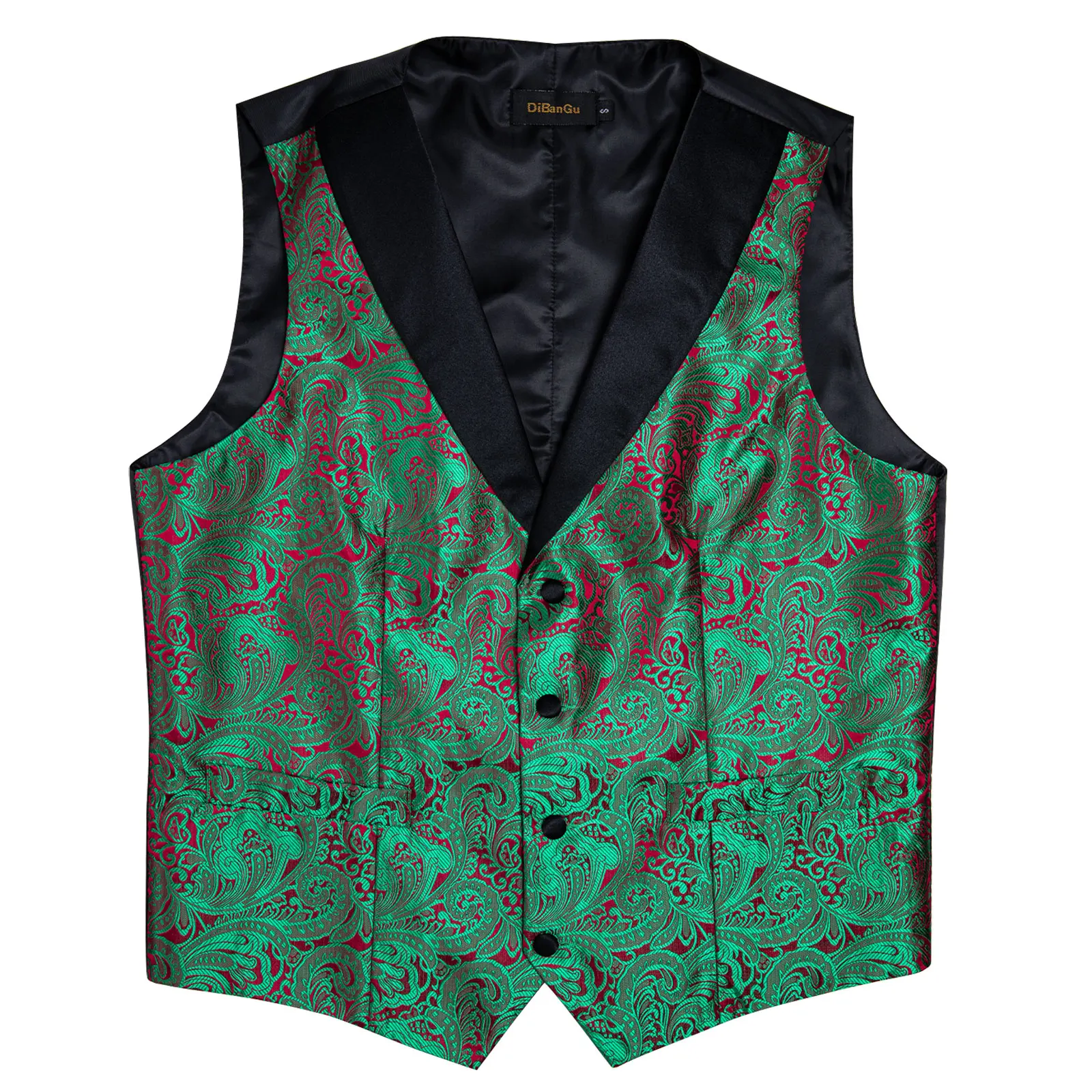 Unique Design Green Red Paisley Vest for Man Business Fashion Slim Fit Dress Men\'s Waistcoat Necktie Brooch Clip Cufflinks Set