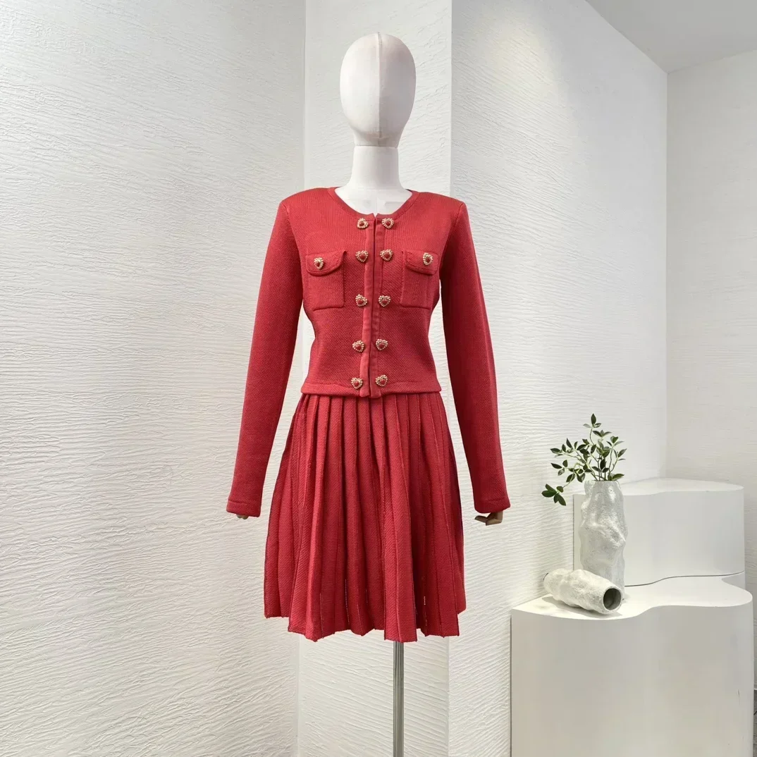 High Quality New 2024 Autumn Red Long Sleeve Tweed Jacke Tred Pleat Ruched Skirt Women‘s Sets