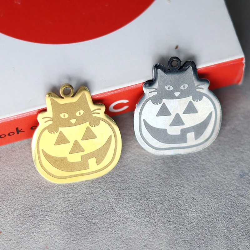 2PCS Stainless Steel Halloween Pumpkin Cat Pendant Charm For Jewelry Making Necklace Keychain Metal Gold/Silver Color Accessory