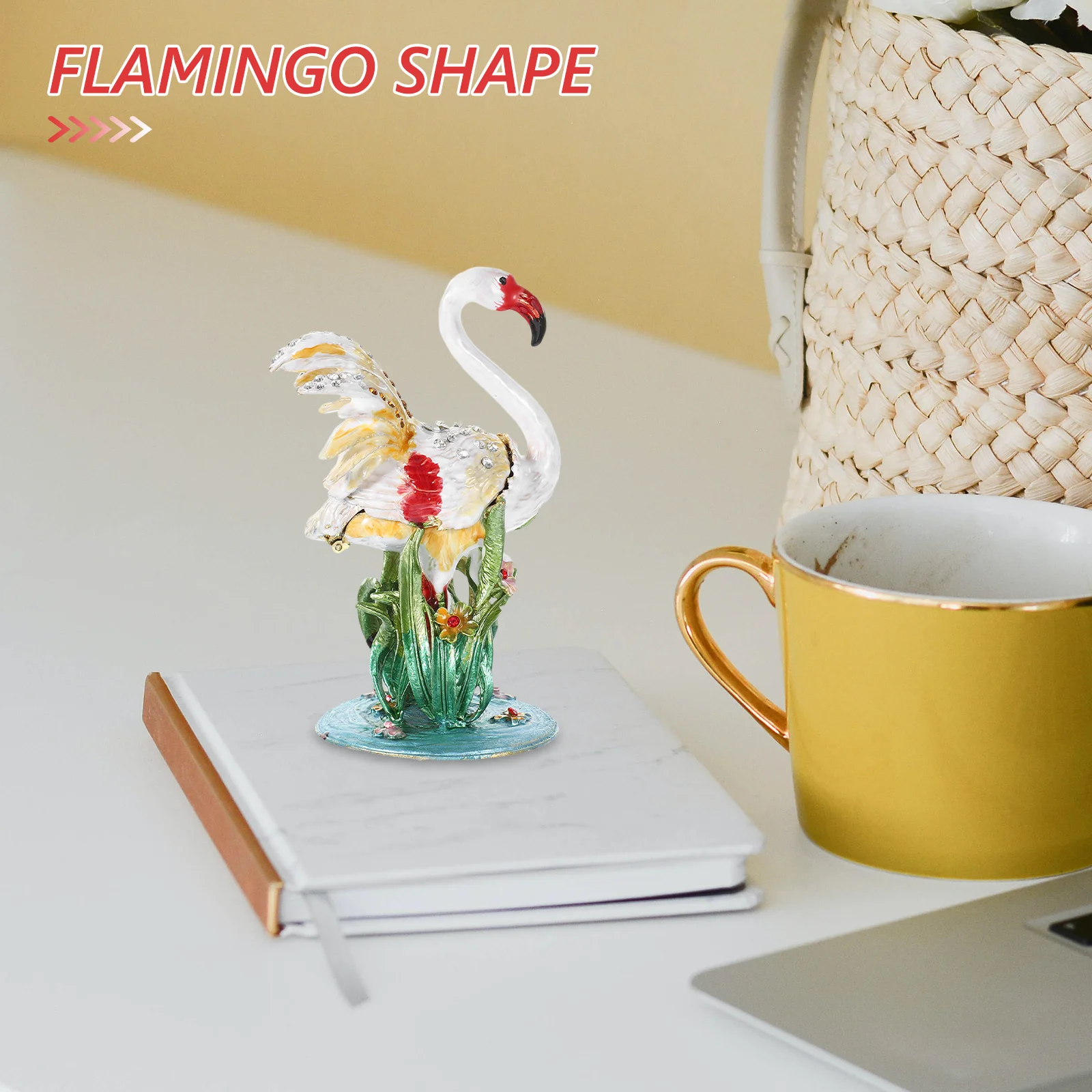Vintage Metal Flamingo Jewelry Box Hand Painted White Enamel Ring Earrings Organizer Trinket Keepsake Home Decor
