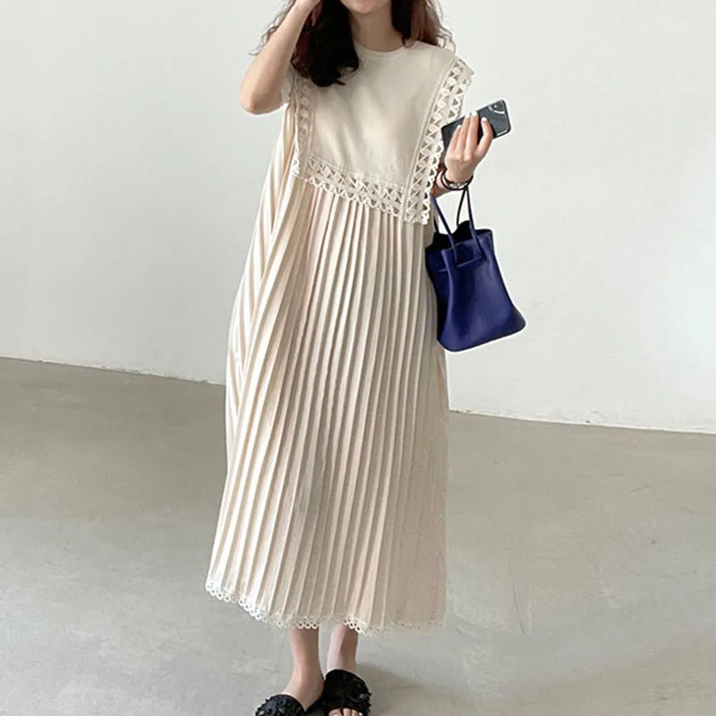 Chic été femmes ample longue plissée Dr rond Ne évider conception épissage doux Simple coréen Sle trajet