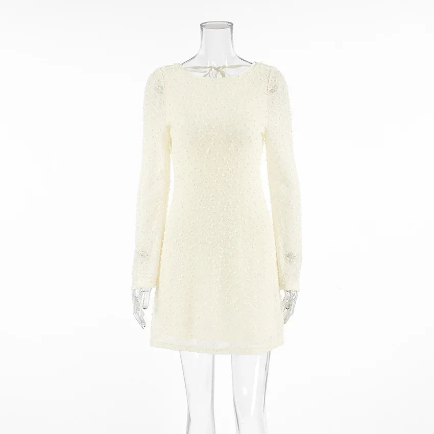 

Sexy Women's Dresses Fashion Temperament Jacquard Lace Up Round Neck Long Sleeved Backless Slim Mini Dress 2025 Summer New