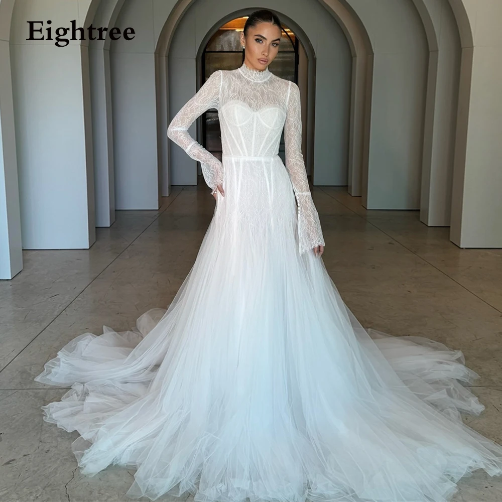 

Eightree Modern Lace High Neck Formal Bridal Dress Illusion Mermaid Princess Bride Wedding Gowns For Women White Wedding Dress