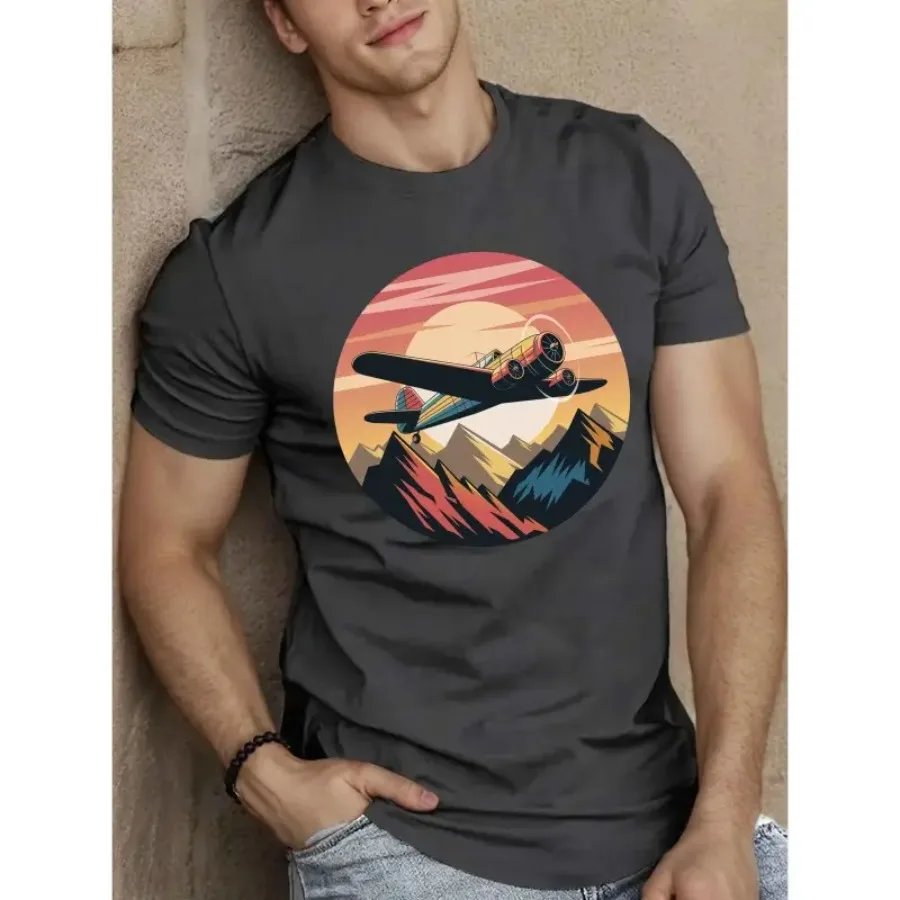 【New style】Men's Vintage Airplane and Mounta Graphic Tee - Casual Short Sleeve T-Shirt Breathable Polyester Machine Washable -
