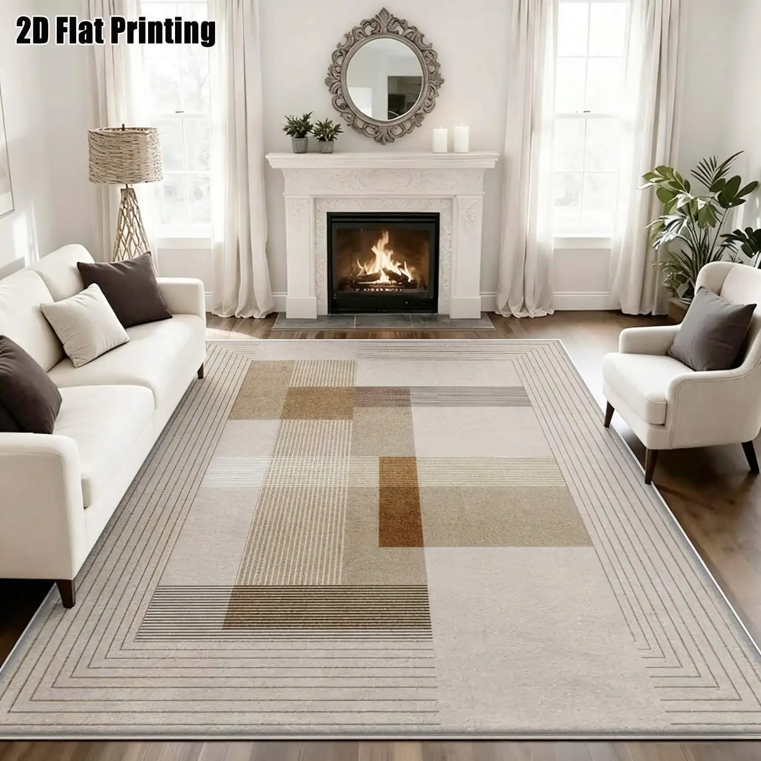 1Pc 2D Printed Velvet Carpet, Beige Geometric Line Pattern Nordic Modern Minimalist European Instagram Style, Home Decor Floor Mat, Multi-Size, Machine Washable, for Entrance, Dining, Foyer, Living Room, Bedroom