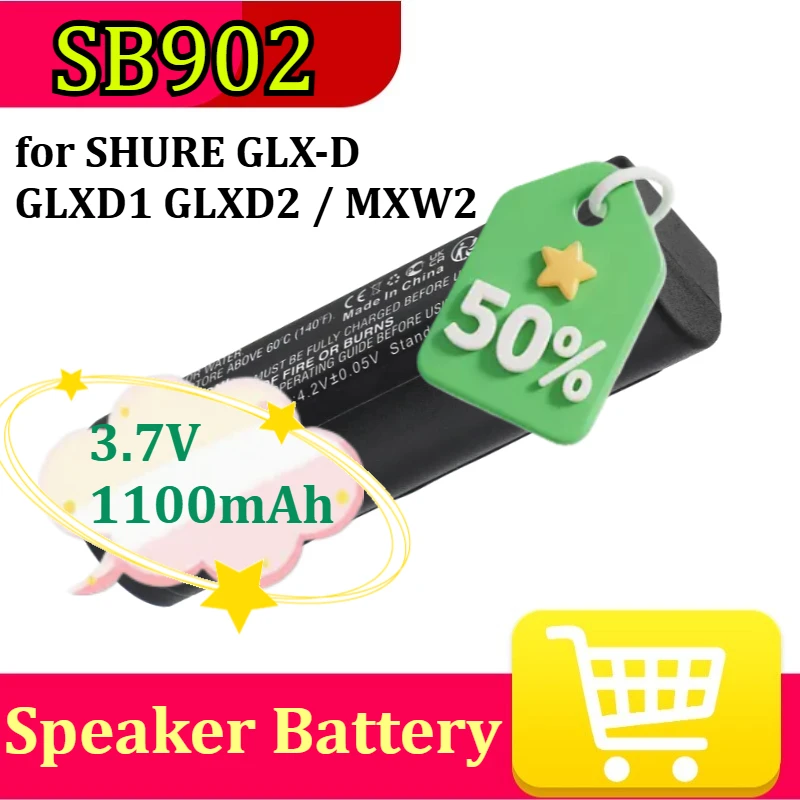 

Аккумулятор 3.7V 1100mAh SB902, SB902A для цифровых беспроводных систем SHURE GLX-D GLXD1, GLXD2 MXW2