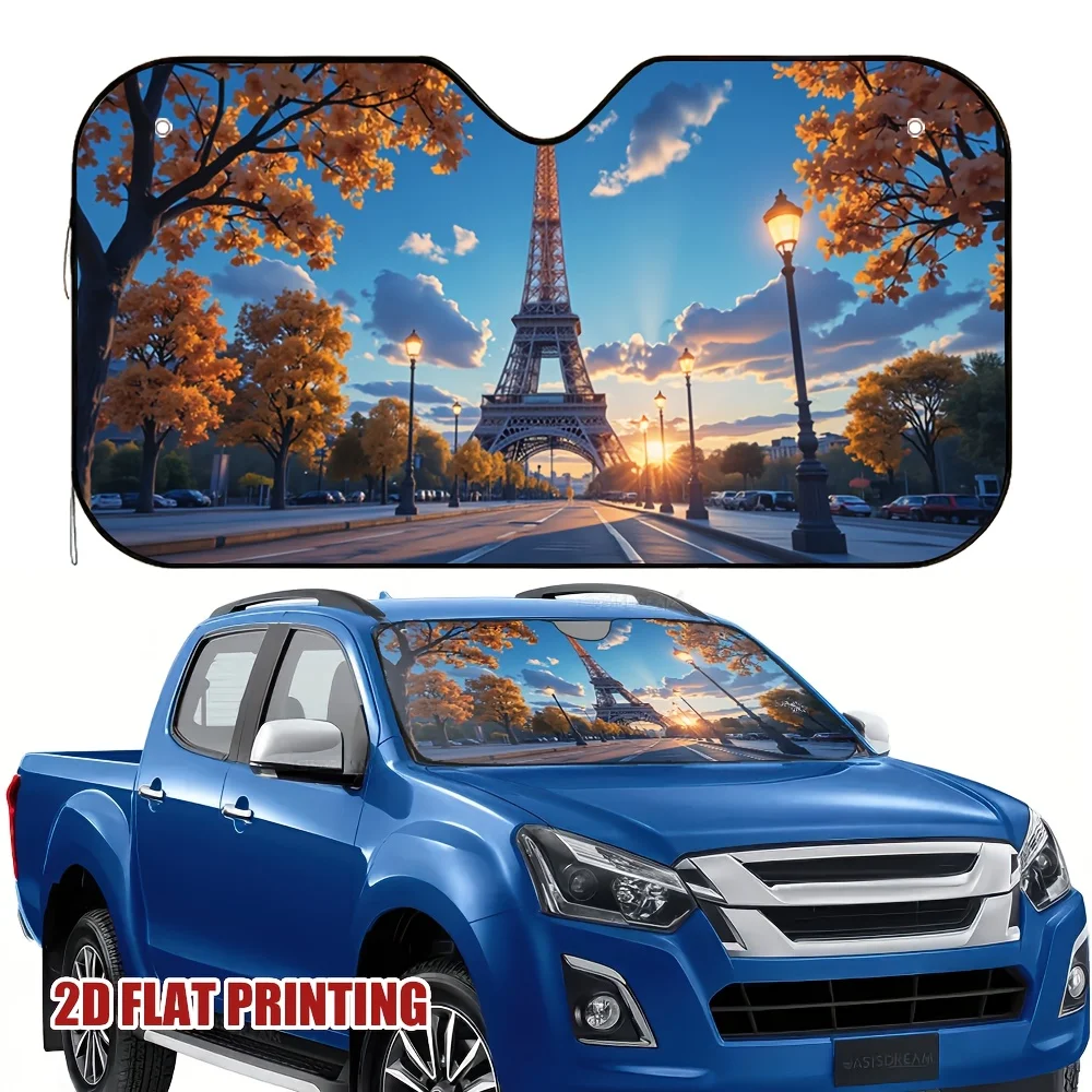 Parasol para parabrisas de coche con diseño de la Torre Eiffel de París, diseño de impresión plana 2D con colores otoñales y arquitectura francesa, 100% poliéster, 1 unidad