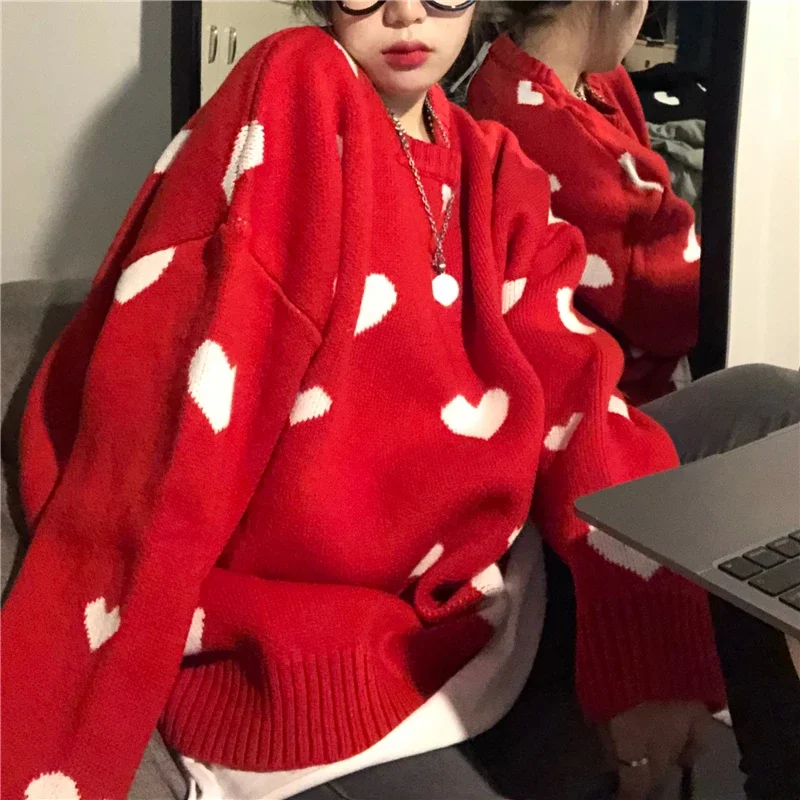 Red Xmas Sweaters 2022 Autumn Winter Women Sweater Korean Love Heart Knitted Tops Causal Long Sleeve Pullover Gothic Pull Femme