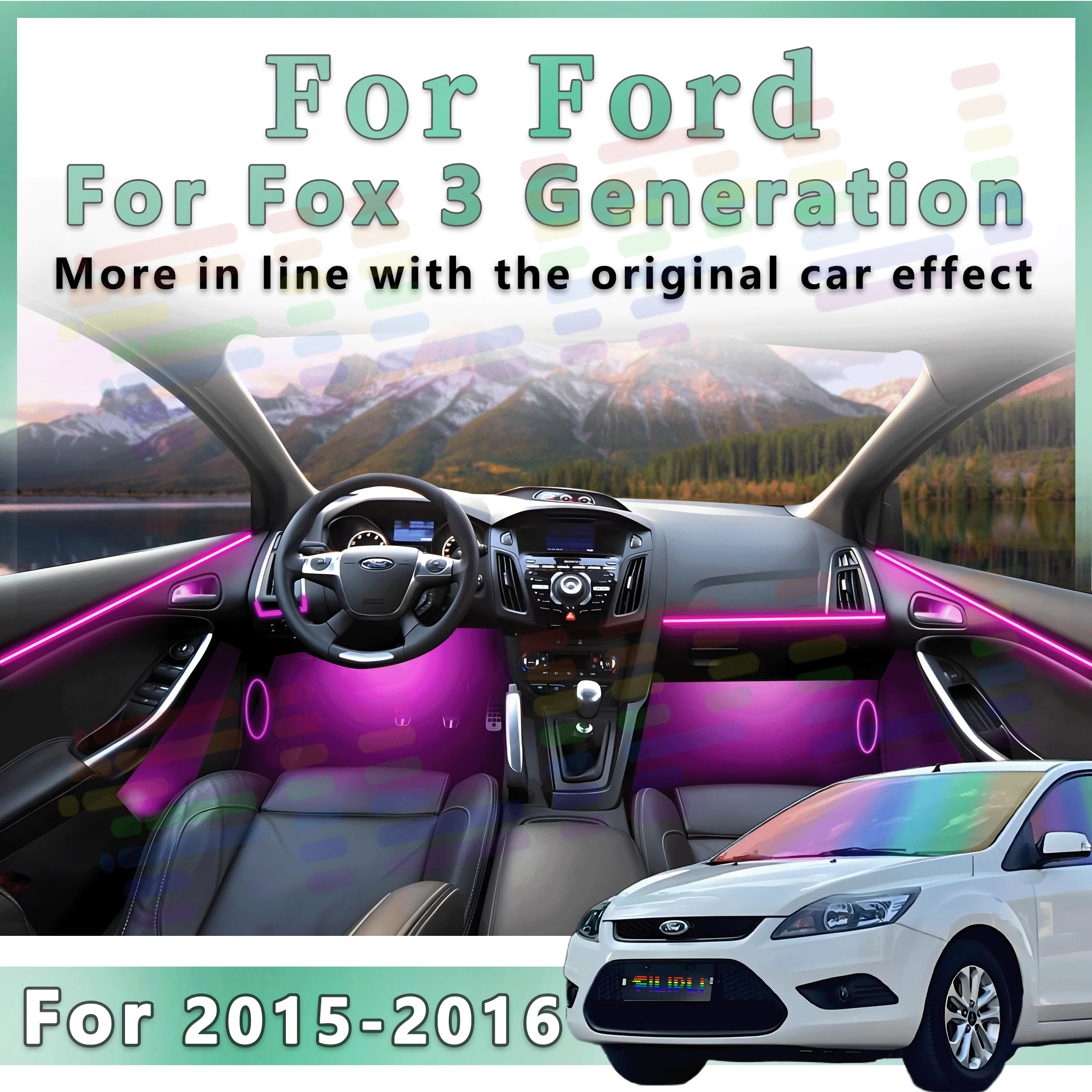 For Ford Fox 3 2015-2016 Decoration Atmosphere Lamp 64Colors RGB Symphony car Ambient Light Interior Acrylic Guide APP LED Strip