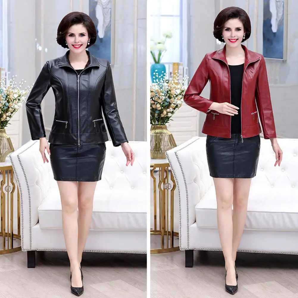 Fake Leather Jacket Stylish Mid-aged Women's Faux Leather Motorcycle Jacket with Zipper Pockets Plus Size Retro for Travel