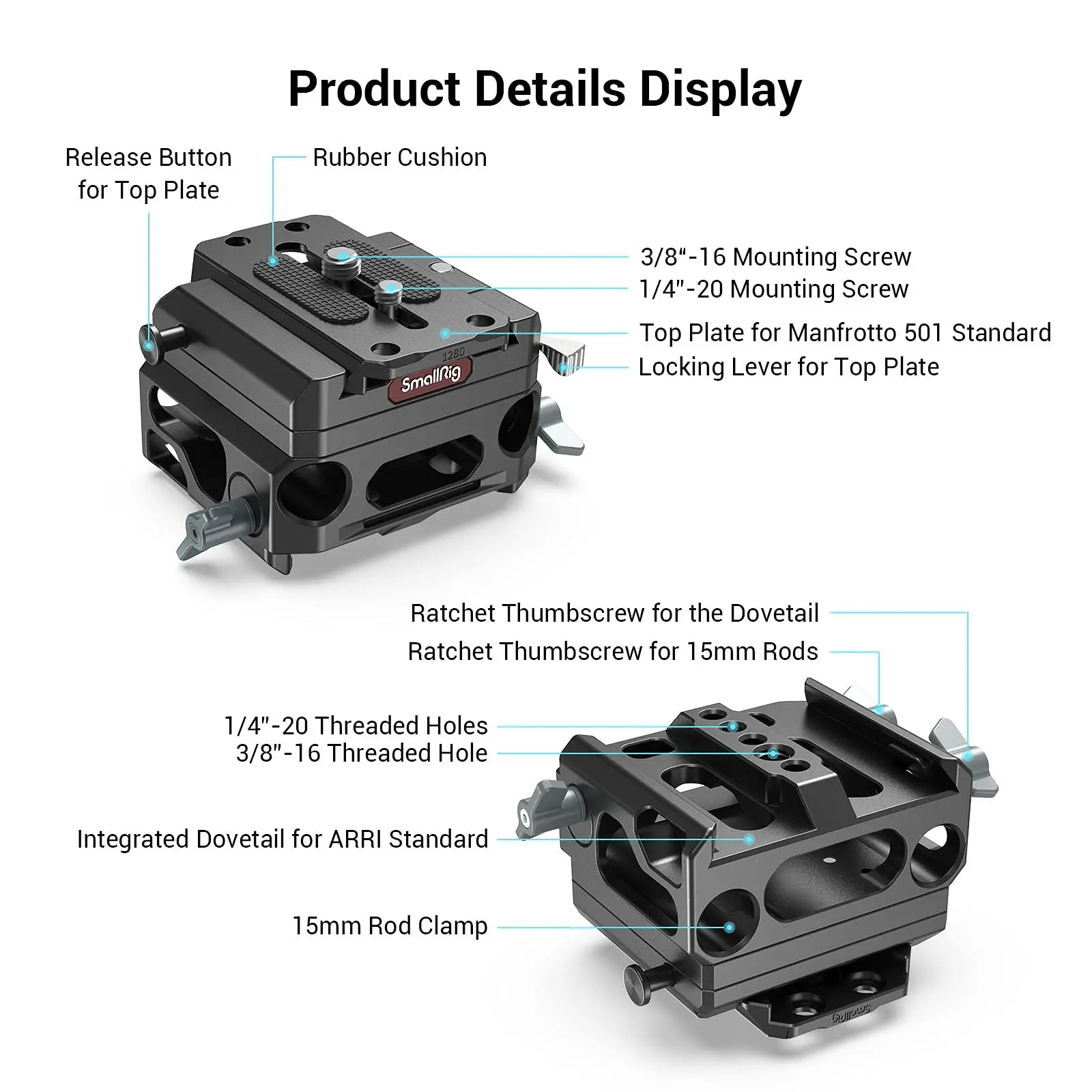 SmallRig Lightweight Base Plate Riser System For Sony with Dual 15mm Rod Clamp Plate for Manfrotto Style 40% Lighter