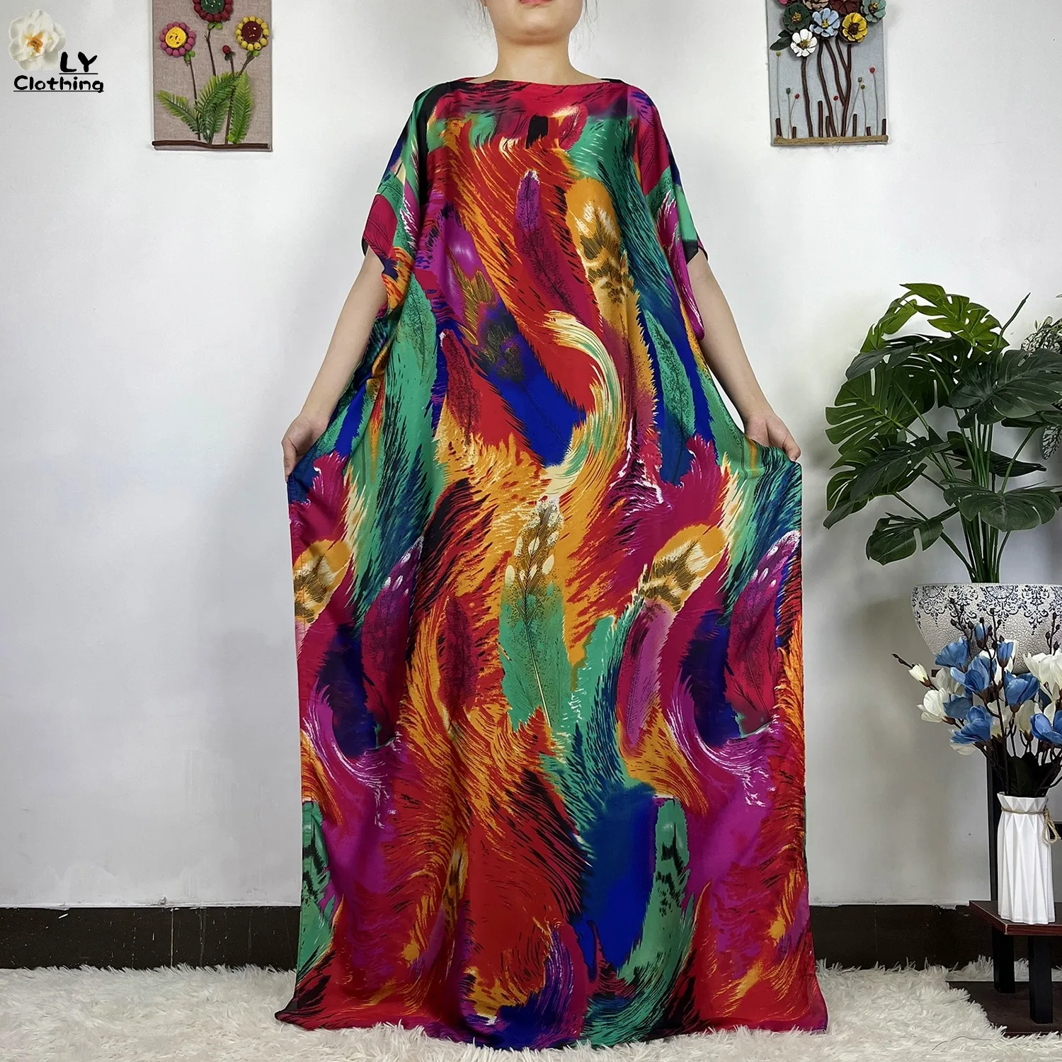 2023 New African Fashion Short Sleeve Colored Pattern Dubai Women Summer Real Silk Soft Printing Loose Tradition Muslim Dress