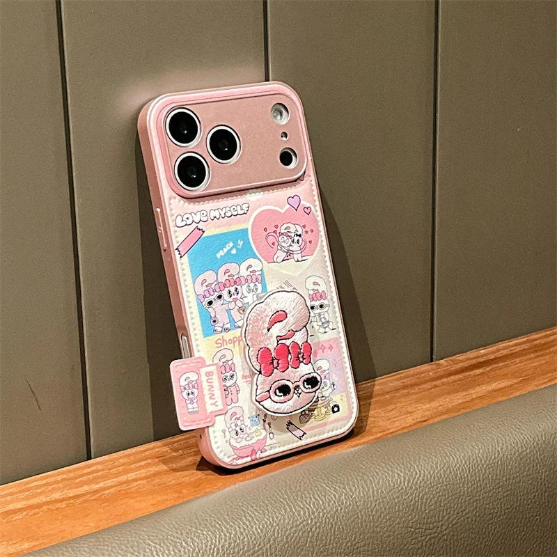 الكورية لطيف الوردي أرنب قضية الهاتف آيفون 17 برو 16 15 14 برو ماكس غطاء مع حامل حامل للصدمات واقية ل Gi