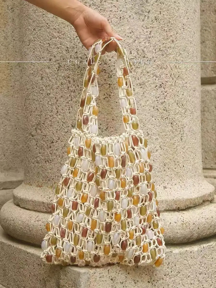 

Fashion Stones Mesh Bucket Bag Hollow Out Clutch Purse Women Handbag Female Casual Tote Bag Summer Holiday Vacation Travel Bag