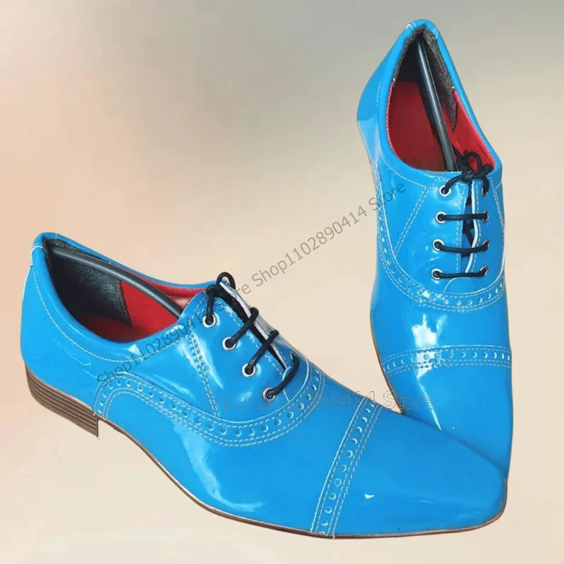

Blue Carving Design Patent Leather Strappy Men Shoes Fashion Lace Up Male Shoes Luxurious Handmade Party Office Men Dress Shoes