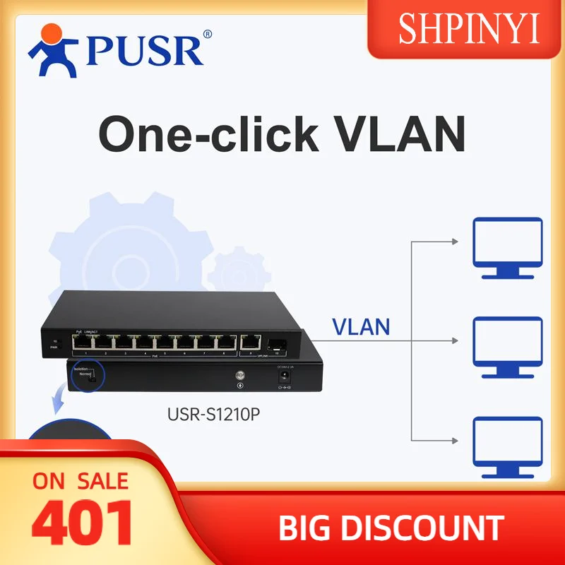 

10-портовый гигабитный коммутатор PoE PUSR с 8 PoE+ металлическим корпусом для настольного или настенного монтажа, 1 гигабитный Eth и 1 порта SFP, выход POE USR-S1210P