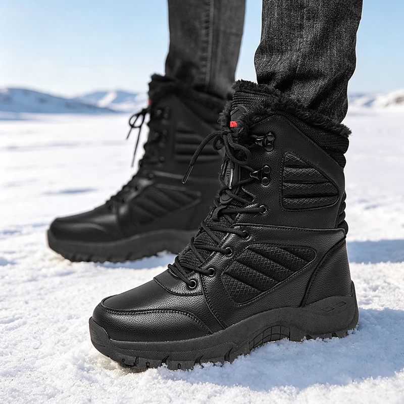 Men's Fleece-Lined High-Top Snow Boots, Winter Warm Thick-Soled Non-Slip Outdoor Hiking Boots, Wear-Resistant Lace-Up Cold-Resistant Cotton Shoes, Men's Snow Trekking Boots