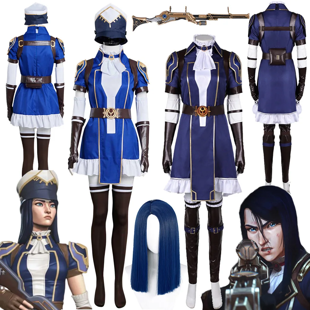 Arcane Caitlyn The Sheriff of Piltover Cosplay Game LOL Costume Blue Long Wigs Handgun Fantasy Outfits Women Role Halloween Suit