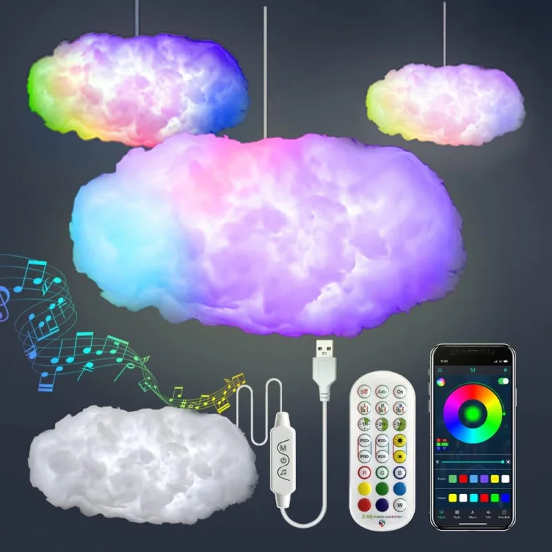 

Big Cloud Lightning Light Kit Music Sync RGB Multicolor Changing LED Strip Lights with Wireless Remote APP Control for Bedroom